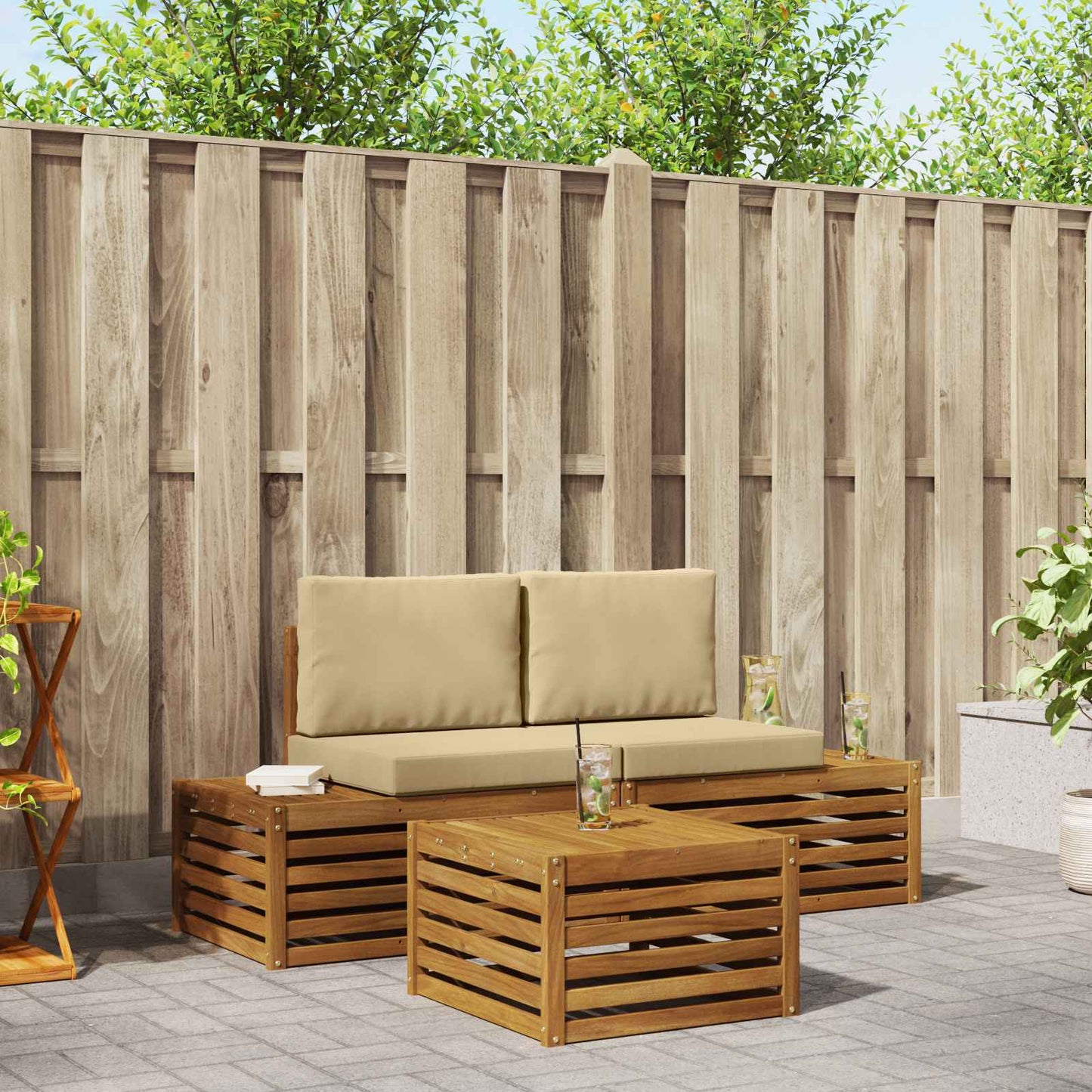 Set di divani da esterno con cuscino 3 Pezzo Naturale e Beige