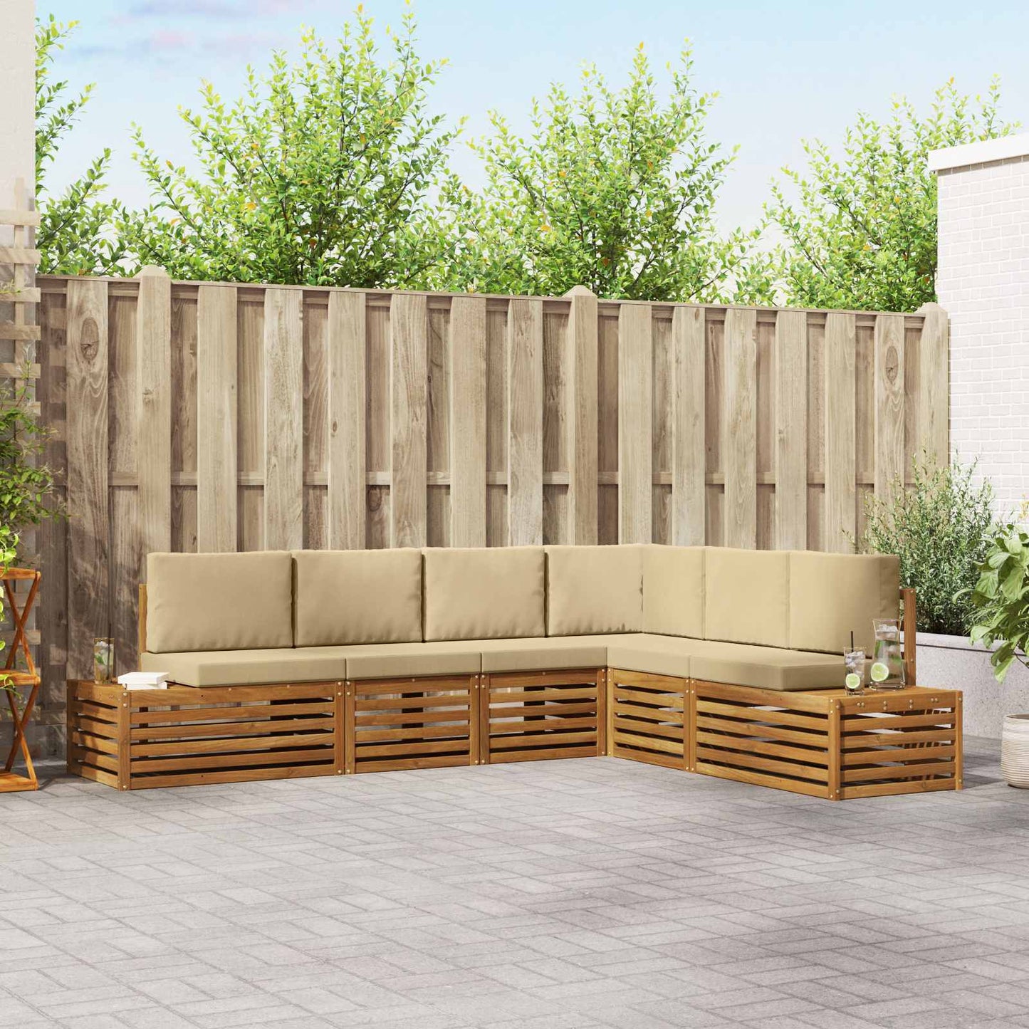 Set di divani da esterno con cuscino 6 Pezzo Naturale e Beige