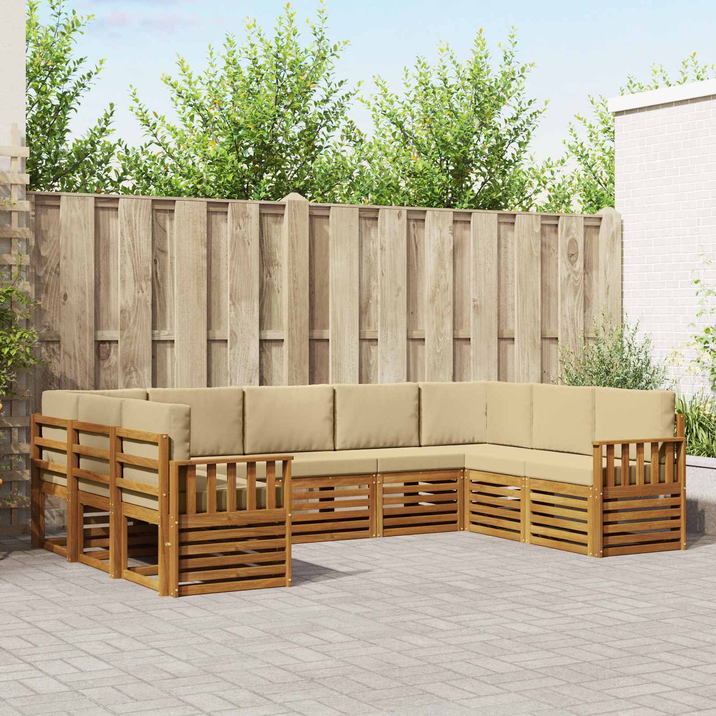 Set divani 9 pcs Naturale e Beige Legno di Acacia Massello
