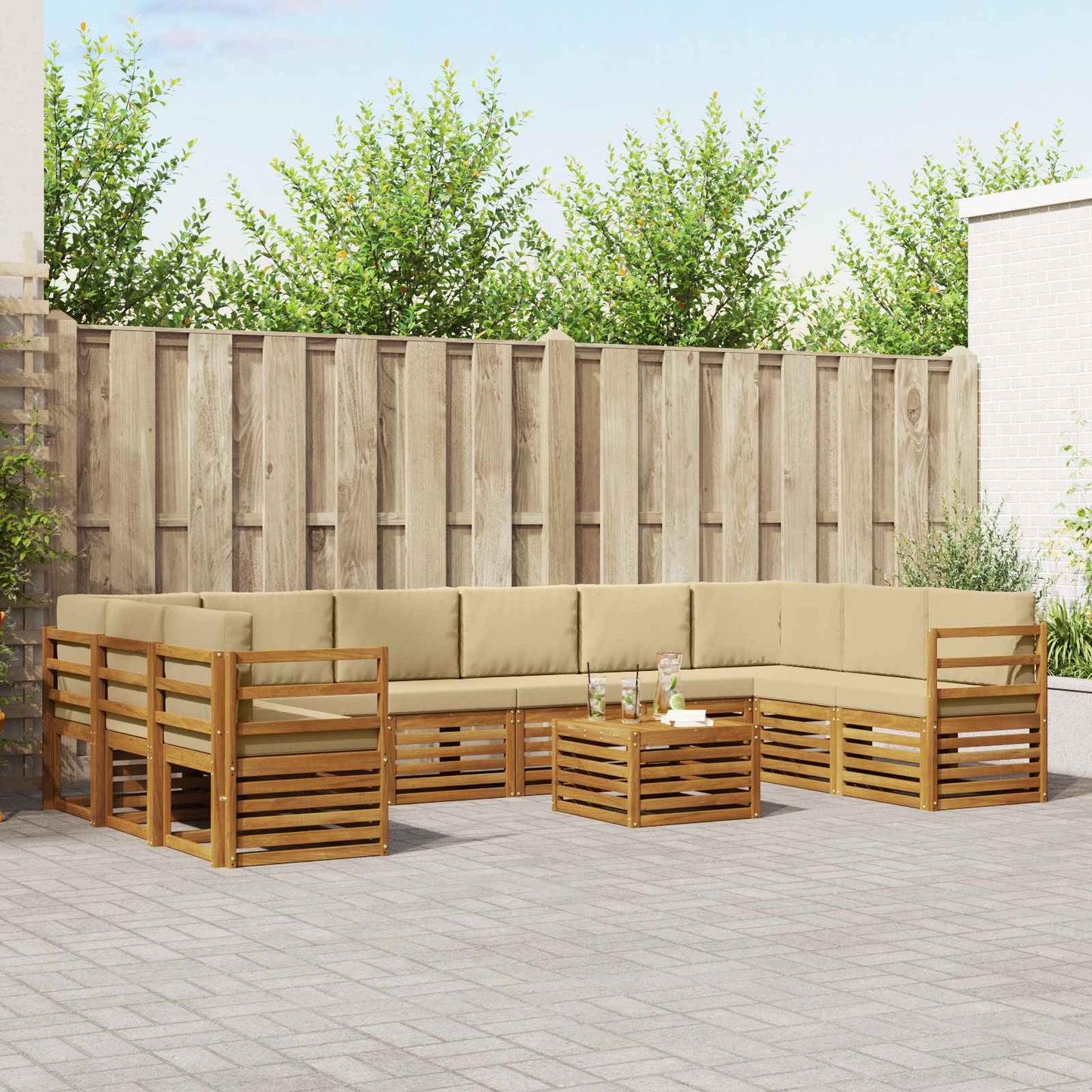Set divani 11 pcs Naturale e Beige Legno di Acacia Massello