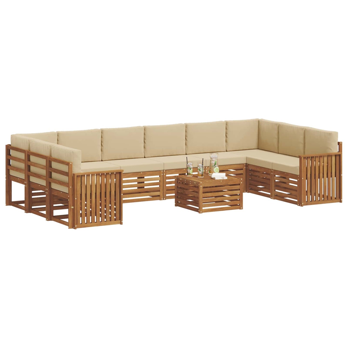 Set divani 11 pcs Naturale e Beige Legno di Acacia Massello