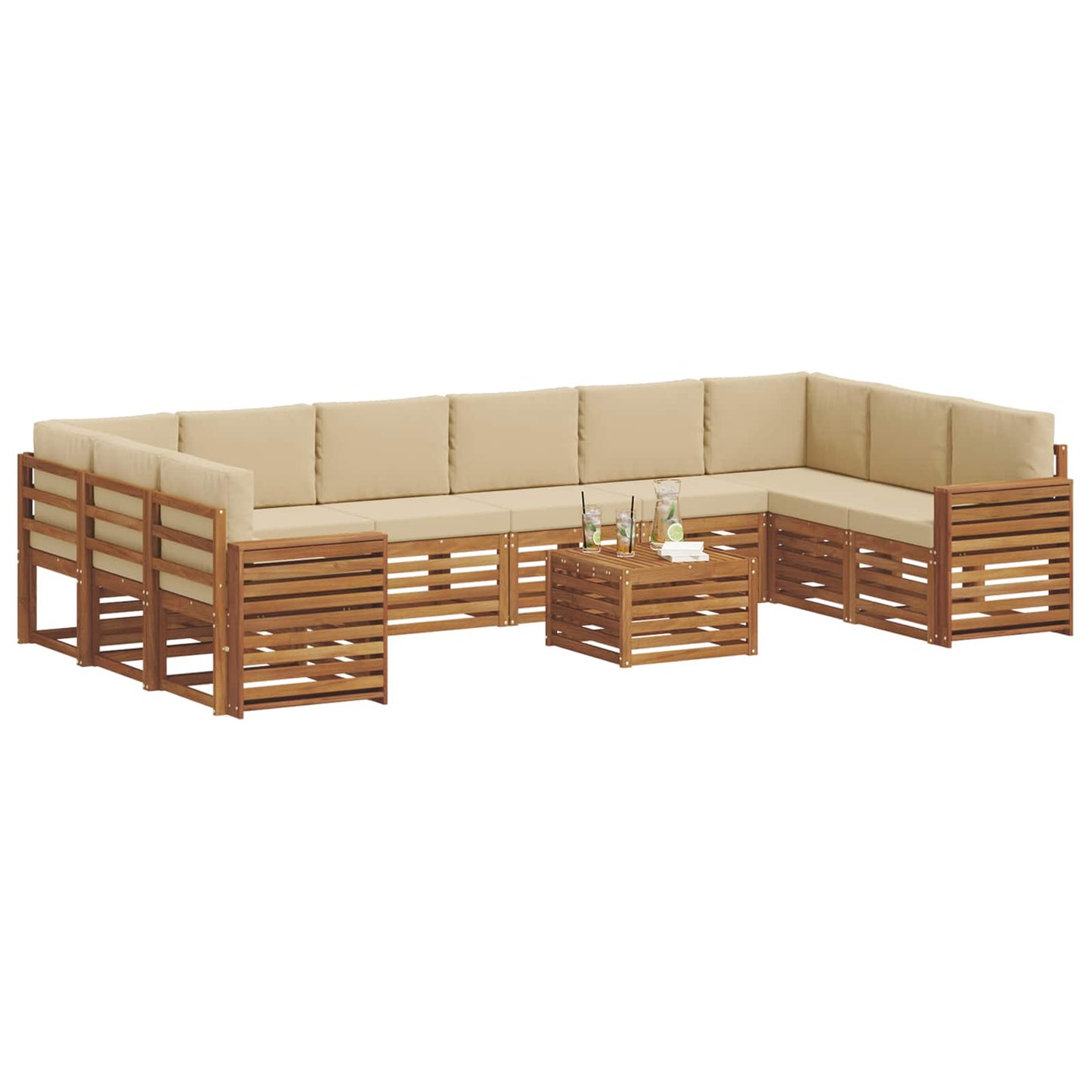 Set divani 11 pcs Naturale e Beige Legno di Acacia Massello