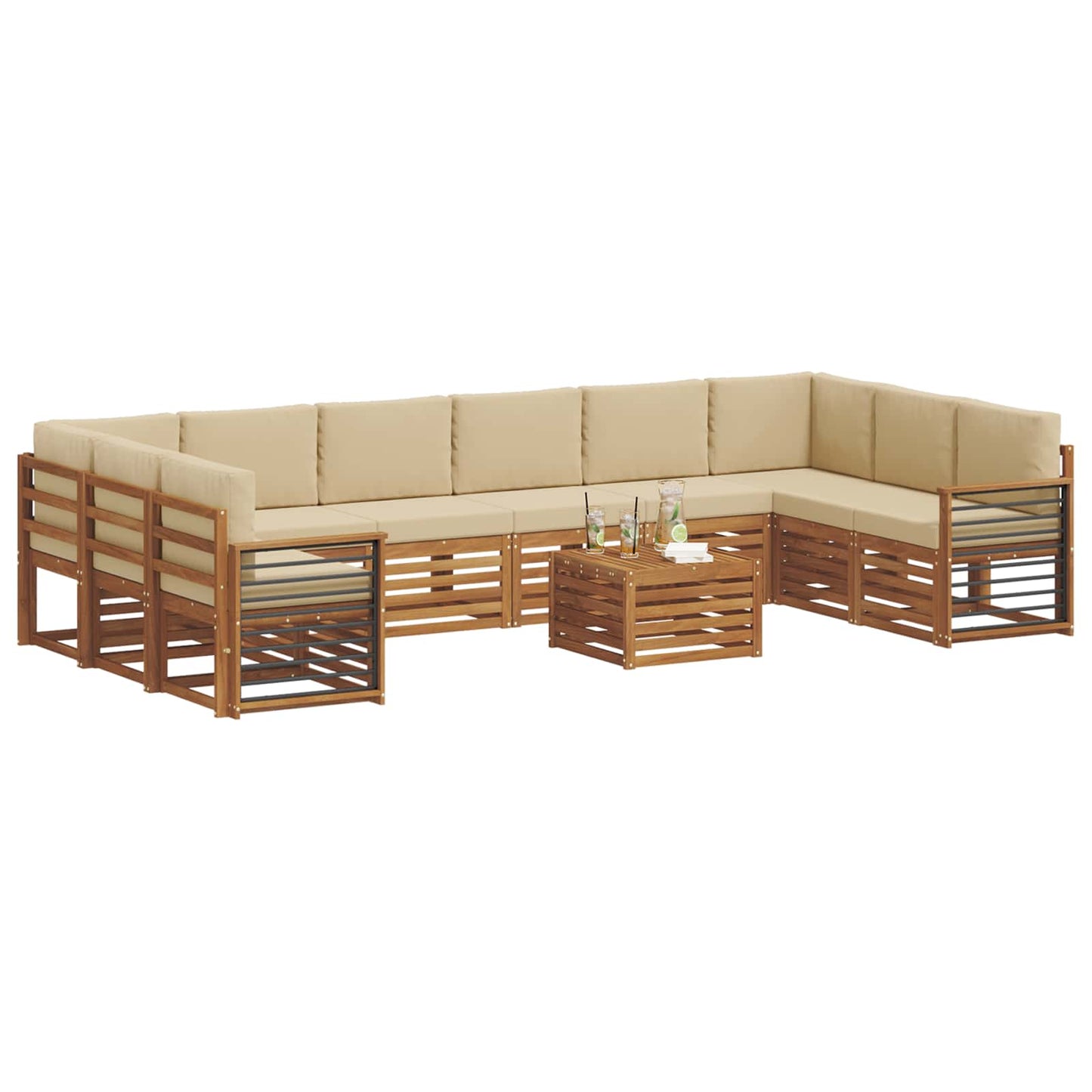Set divani 11 pcs Naturale e Beige Legno di Acacia Massello