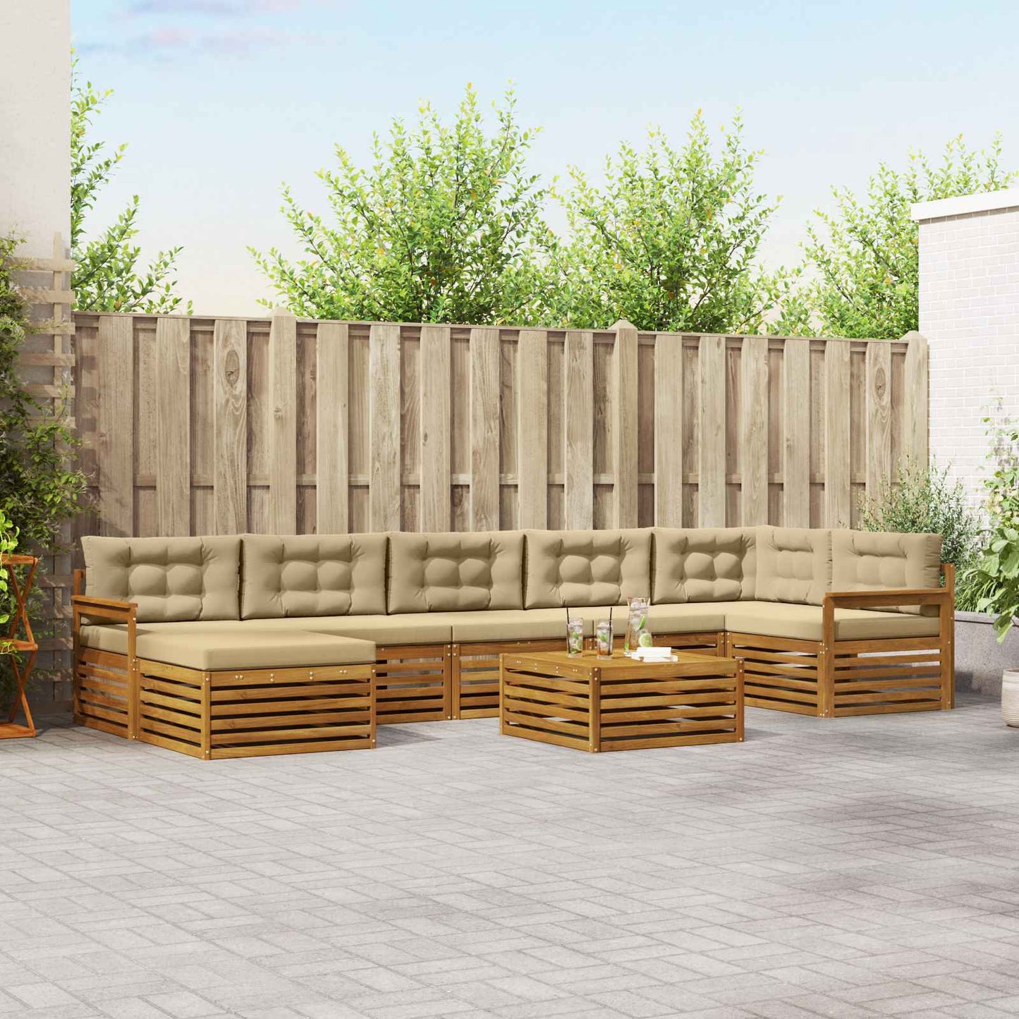 Set divani 8 pcs Naturale e Beige Legno di Acacia Massello