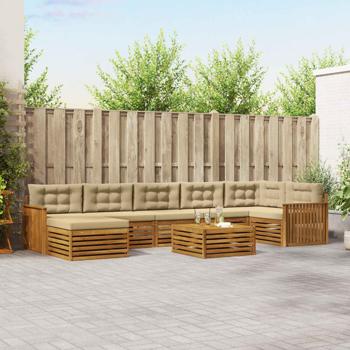 Set divani 8 pcs Naturale e Beige Legno di Acacia Massello