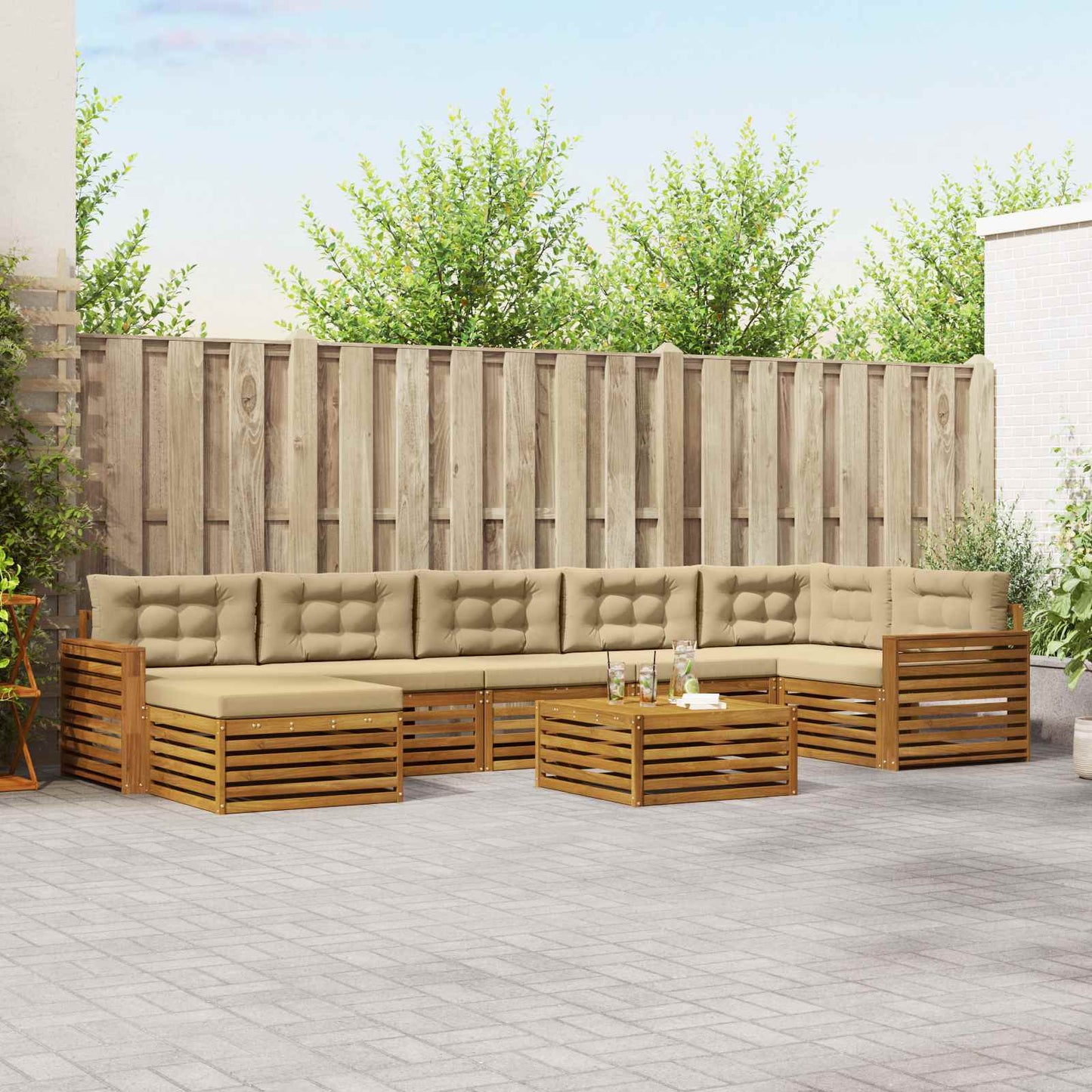Set divani 8 pcs Naturale e Beige Legno di Acacia Massello