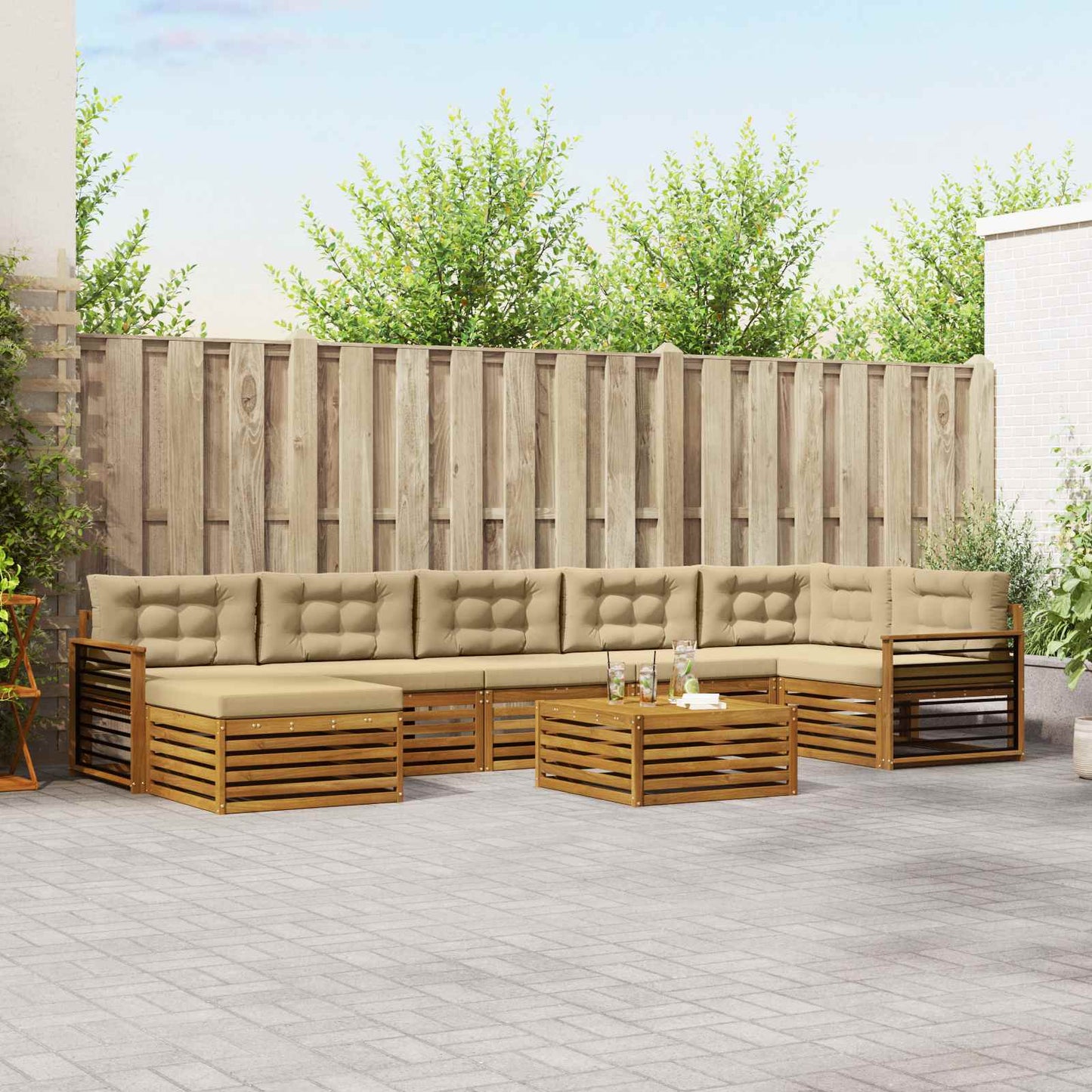 Set divani 8 pcs Naturale e Beige Legno di Acacia Massello