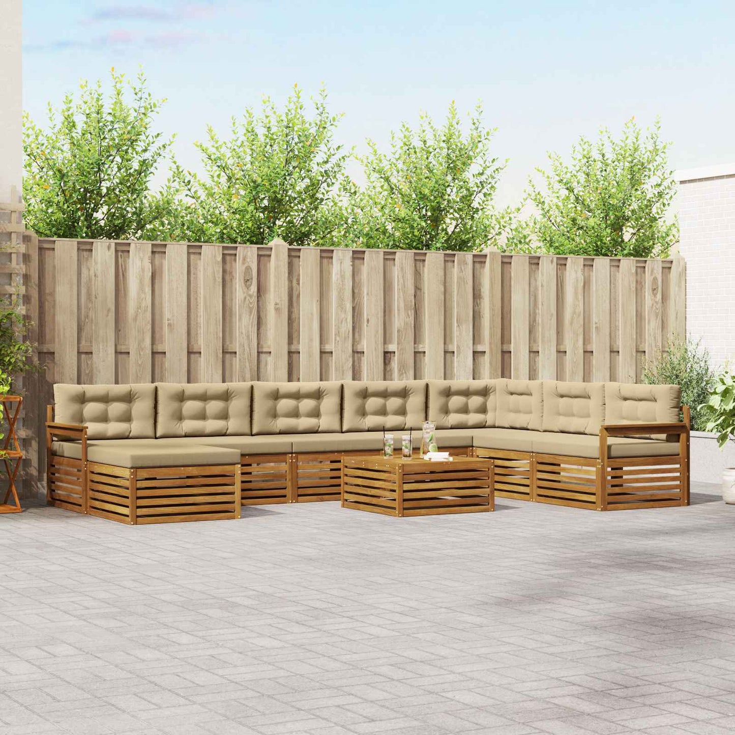 Set divani 9 pcs Naturale e Beige Legno di Acacia Massello