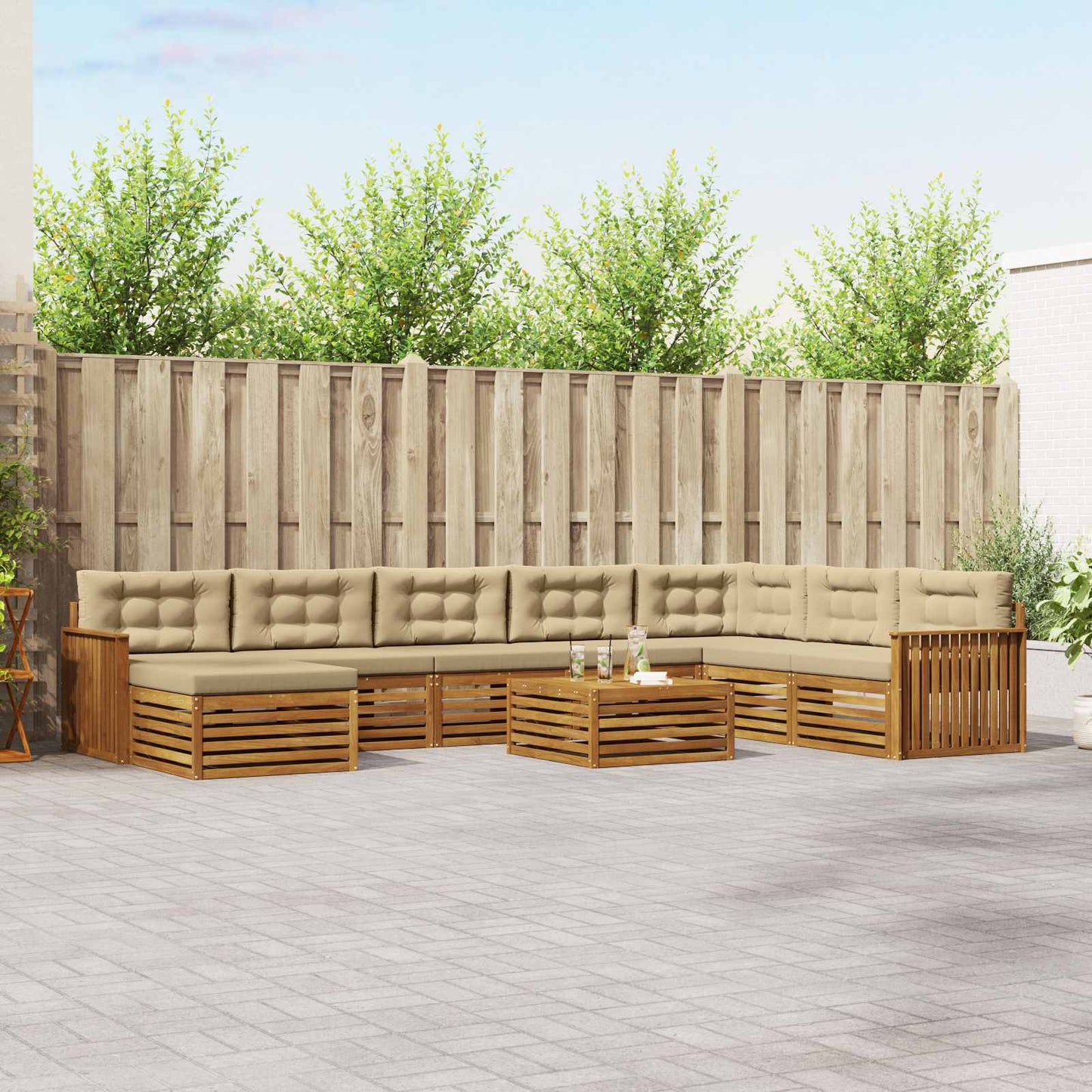 Set divani 9 pcs Naturale e Beige Legno di Acacia Massello