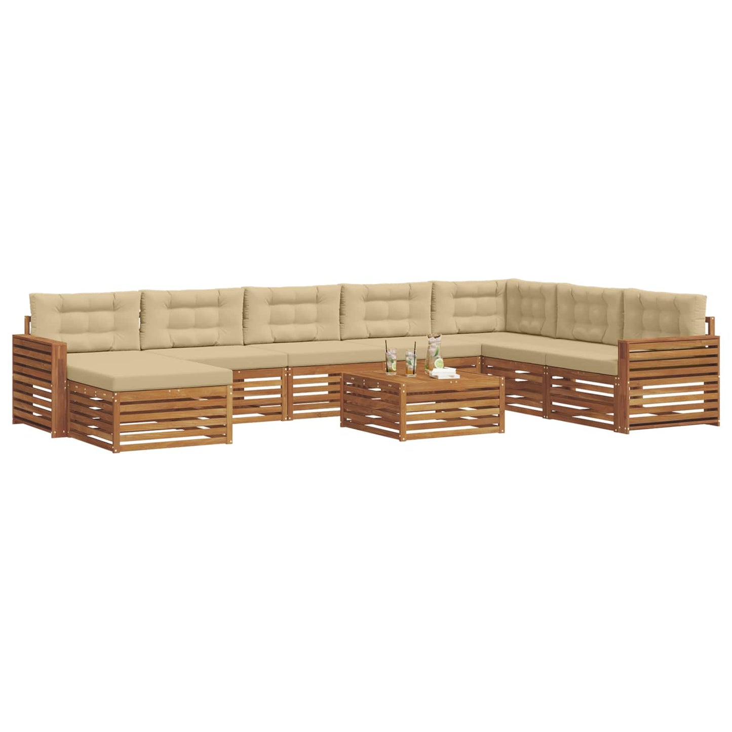 Set divani 9 pcs Naturale e Beige Legno di Acacia Massello