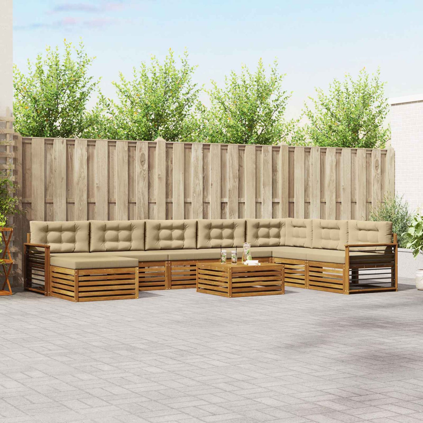 Set divani 9 pcs Naturale e Beige Legno di Acacia Massello