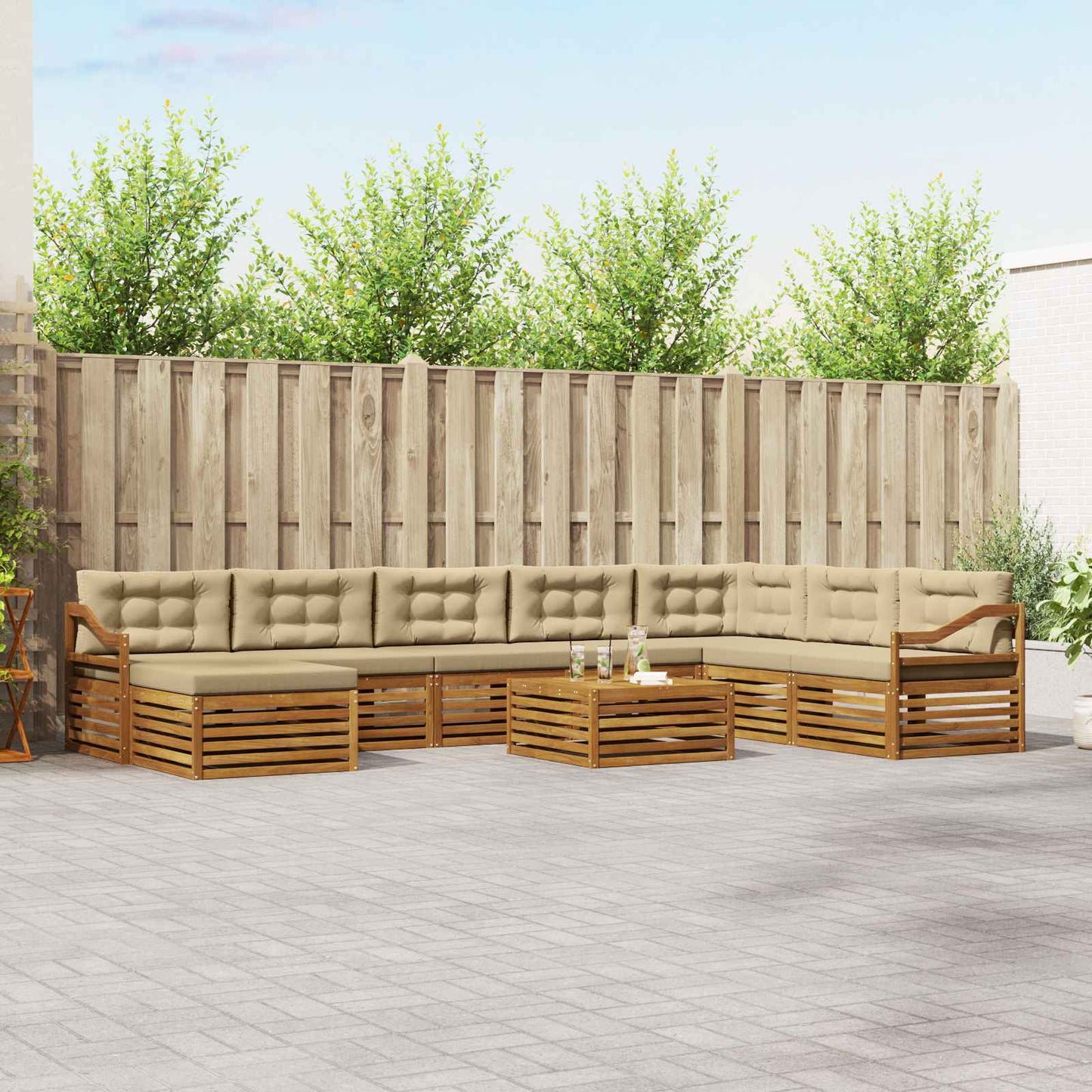 Set divani 9 pcs Naturale e Beige Legno di Acacia Massello