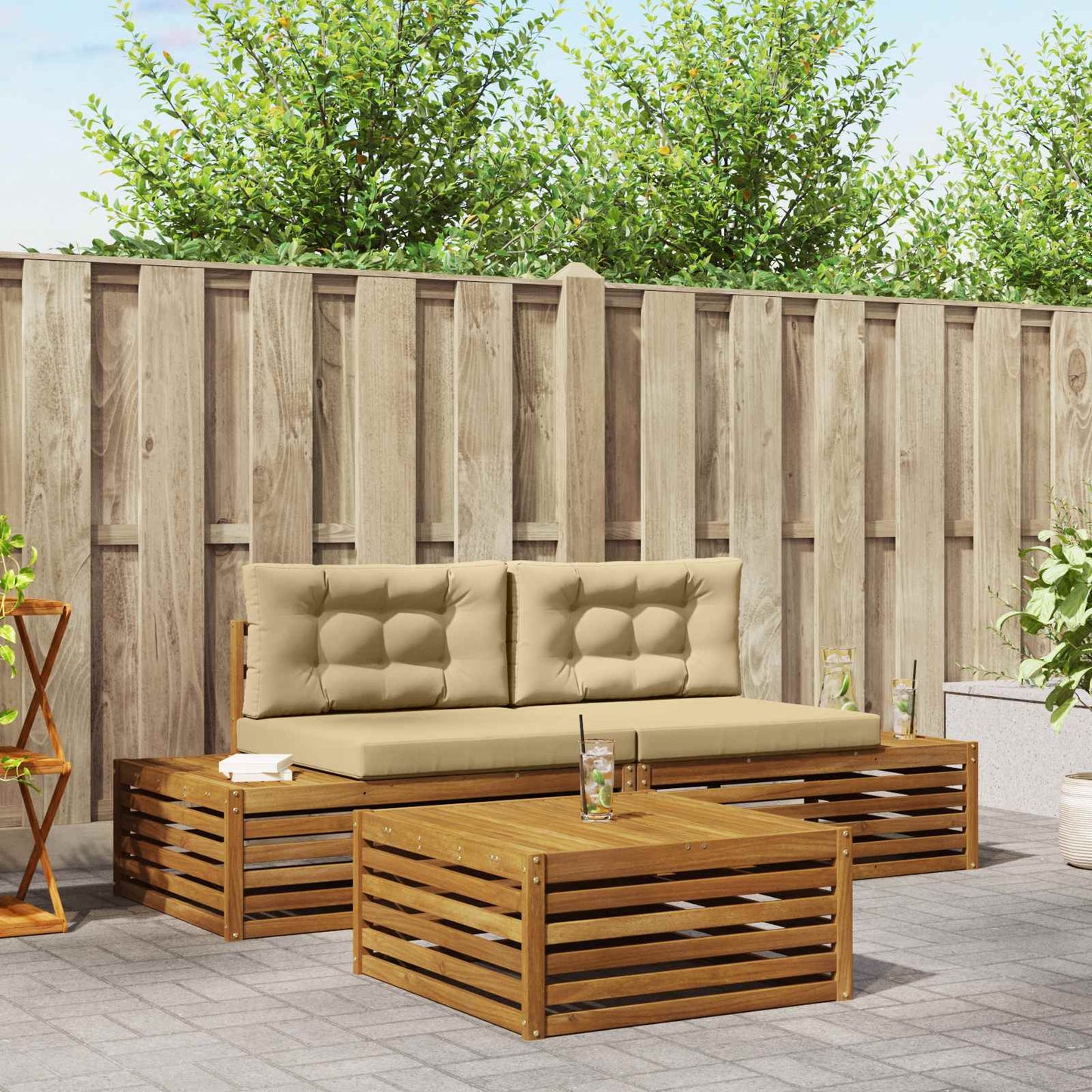 Set di divani da esterno con cuscino 3 Pezzo Naturale e Beige