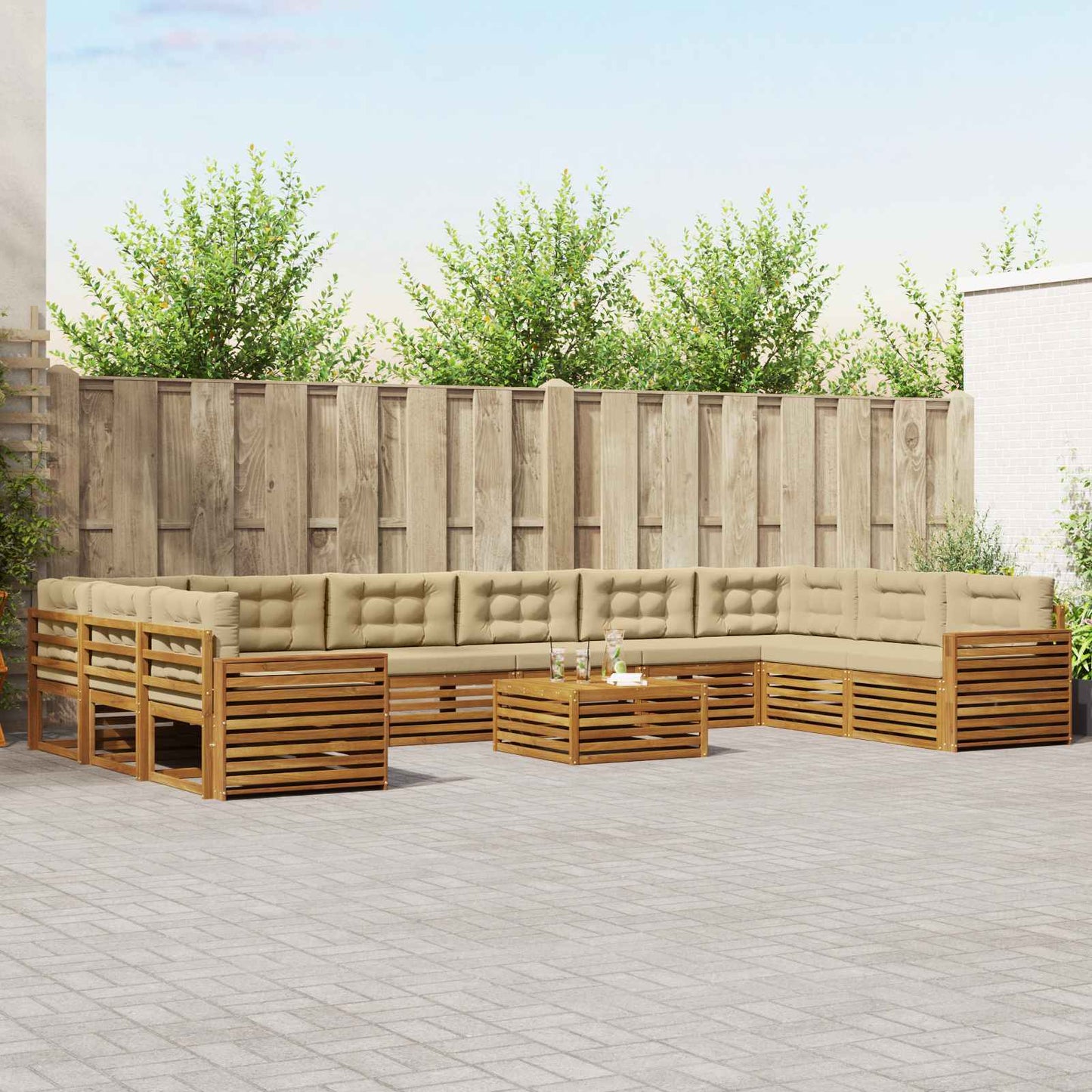 Set divani 11 pcs Naturale e Beige Legno di Acacia Massello