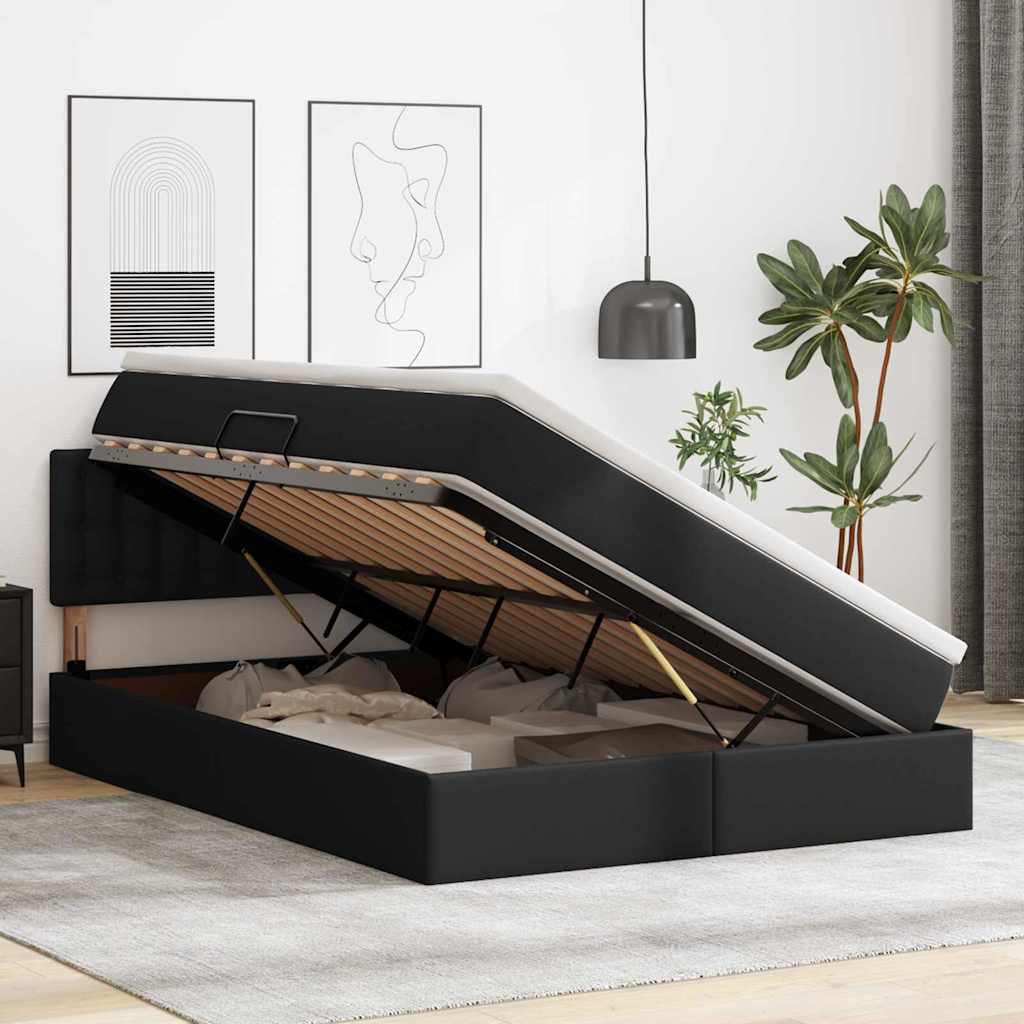 Letto con contenitore e LED Nero 140 x 190 cm Pelle Sintetica