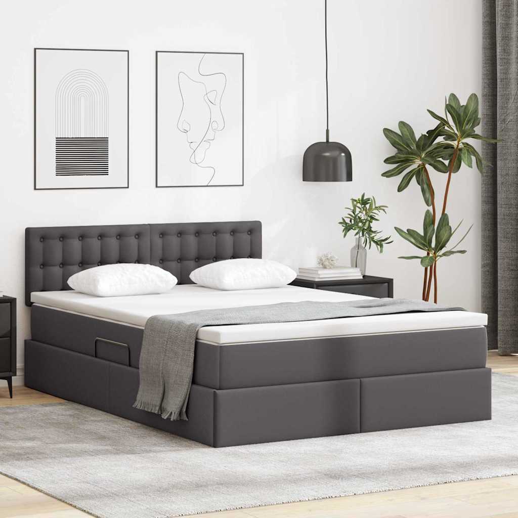 Letto con contenitore e LED Grigio 140 x 200 cm Pelle Sintetica