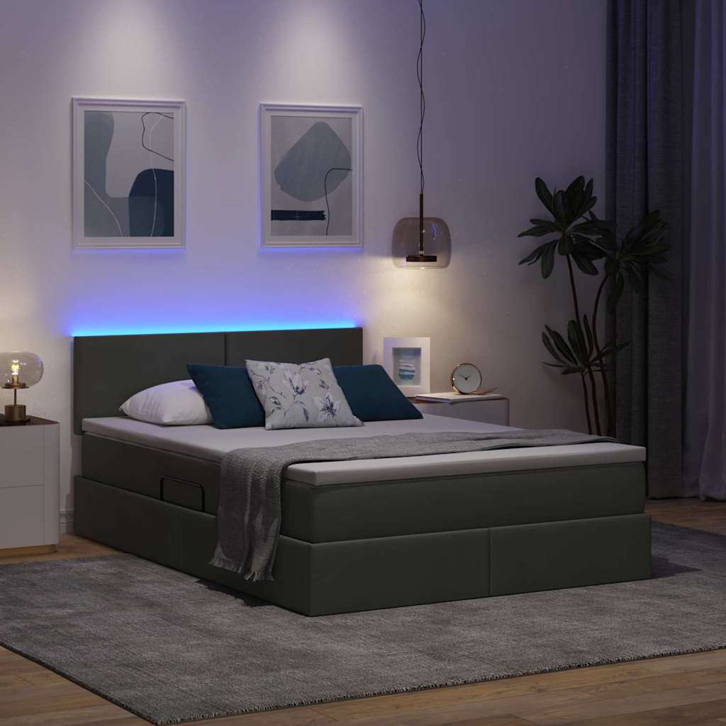 Letto con contenitore e LED Grigio scuro 140 x 190 cm Tessuto