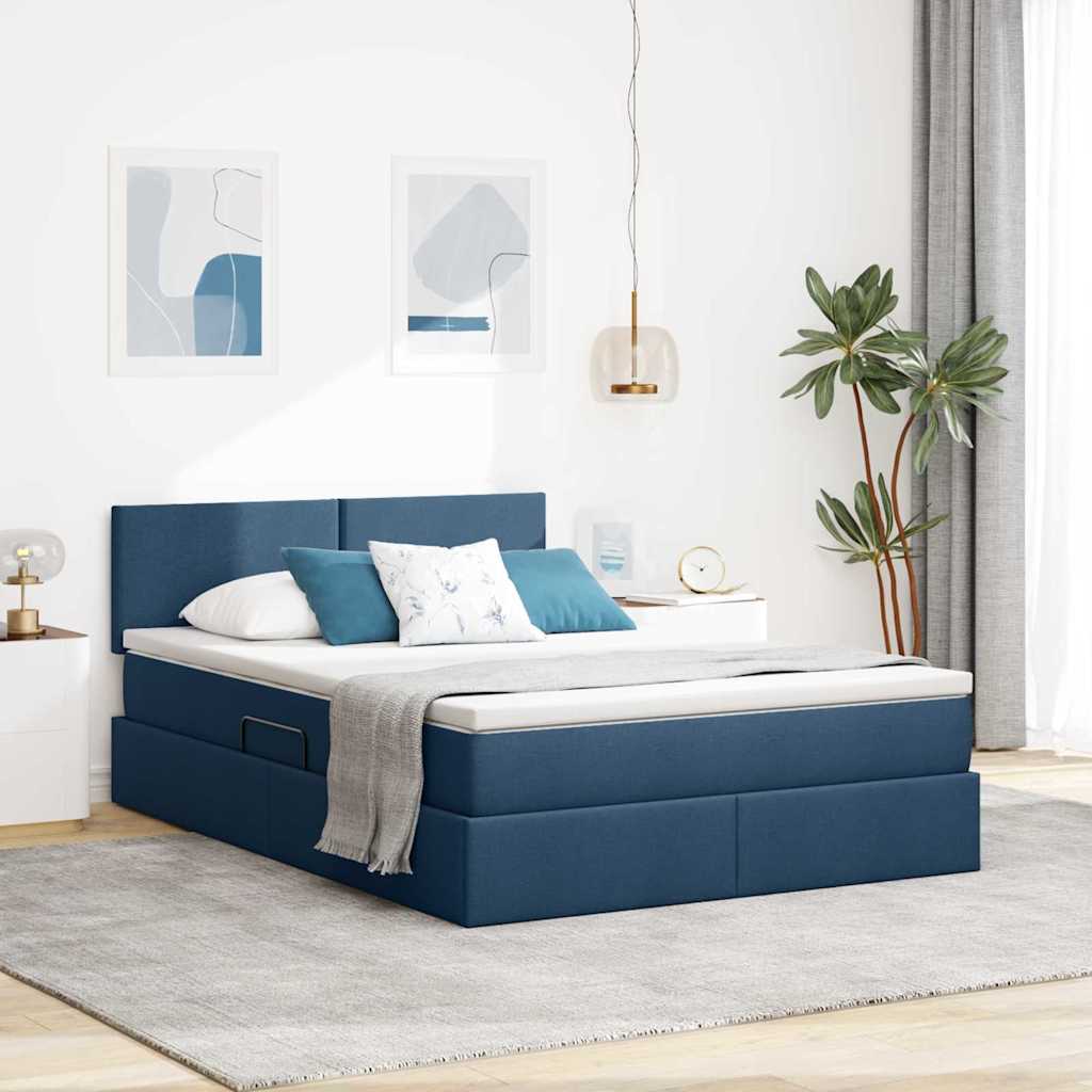 Letto con contenitore e LED con led Blu 140 x 190 cm Tessuto