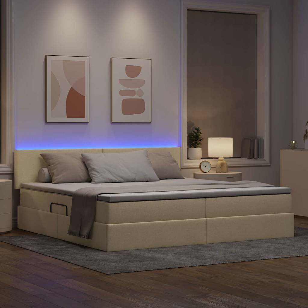 Letto con contenitore e LED con led Crema 200 x 200 cm Tessuto