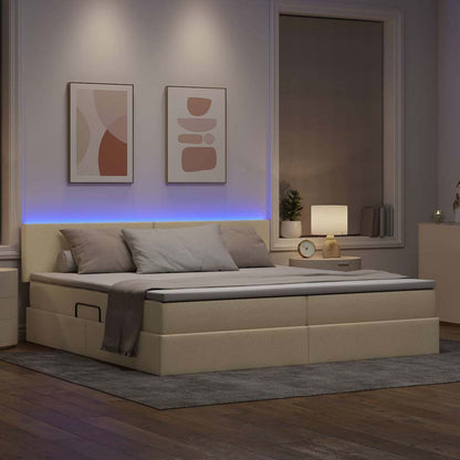 Letto con contenitore e LED con led Crema 200 x 200 cm Tessuto