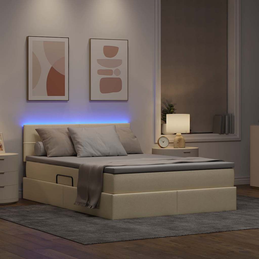 Letto con contenitore e LED con led Crema 140 x 200 cm Tessuto