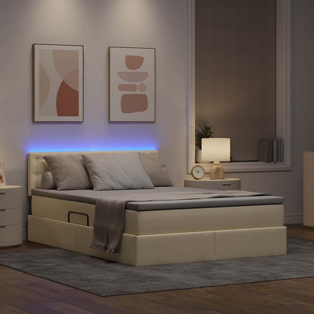 Letto con contenitore e LED con led Crema 140 x 190 cm Tessuto