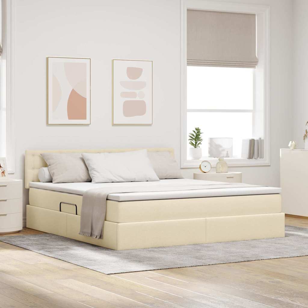 Letto con contenitore e LED con led Crema 180 x 200 cm Tessuto