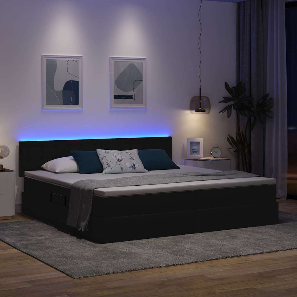 Letto con contenitore e LED con led Nero 200 x 200 cm Tessuto