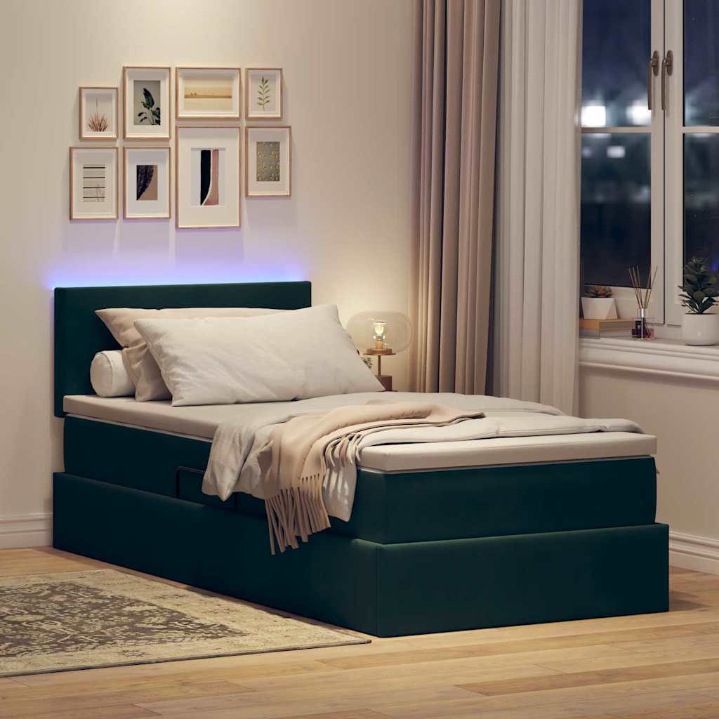 Letto con contenitore e LED Verde Scuro 100 x 200 cm Velluto