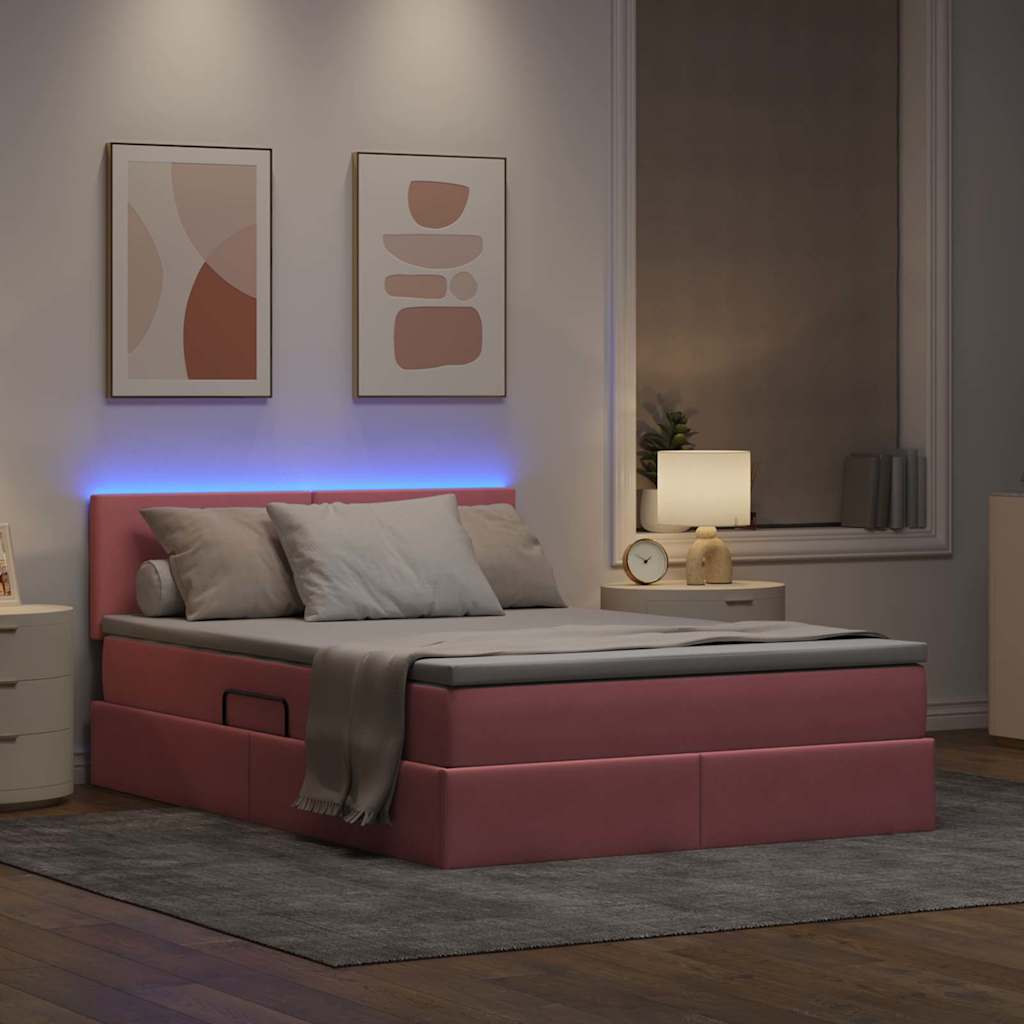 Letto con contenitore e LED con led Rosa 140 x 200 cm Velluto