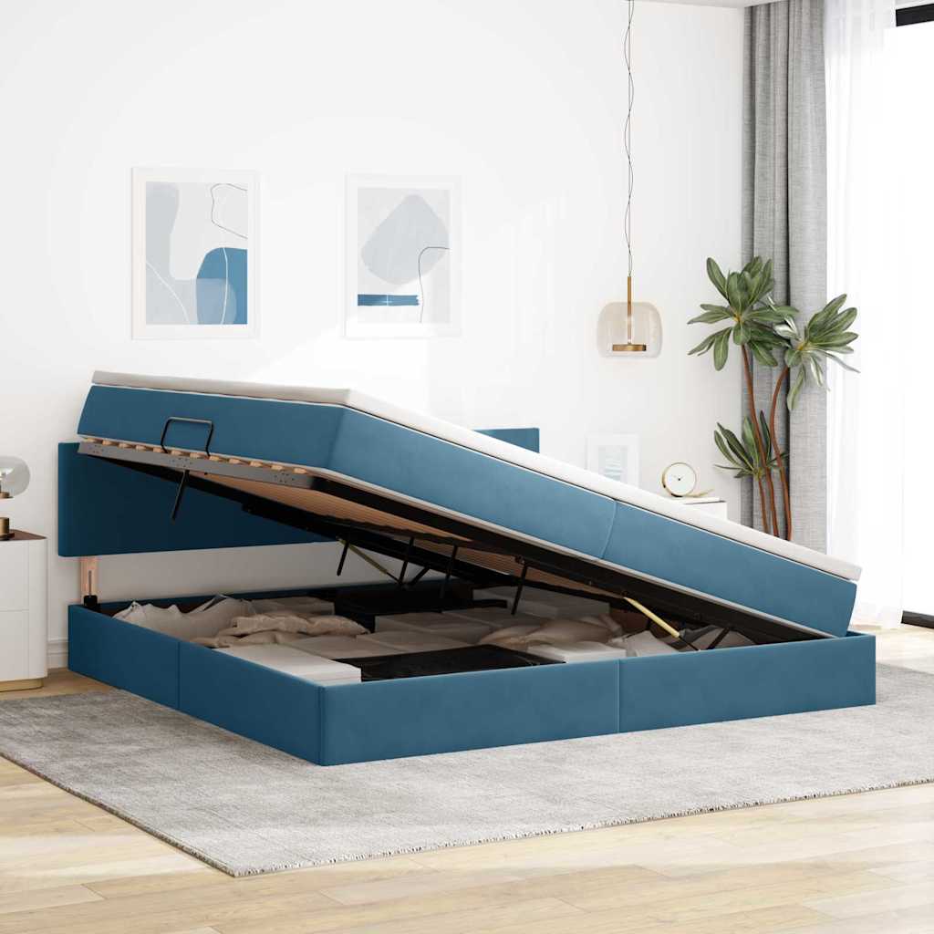 Letto con contenitore e LED Blu Scuro 200 x 200 cm Velluto