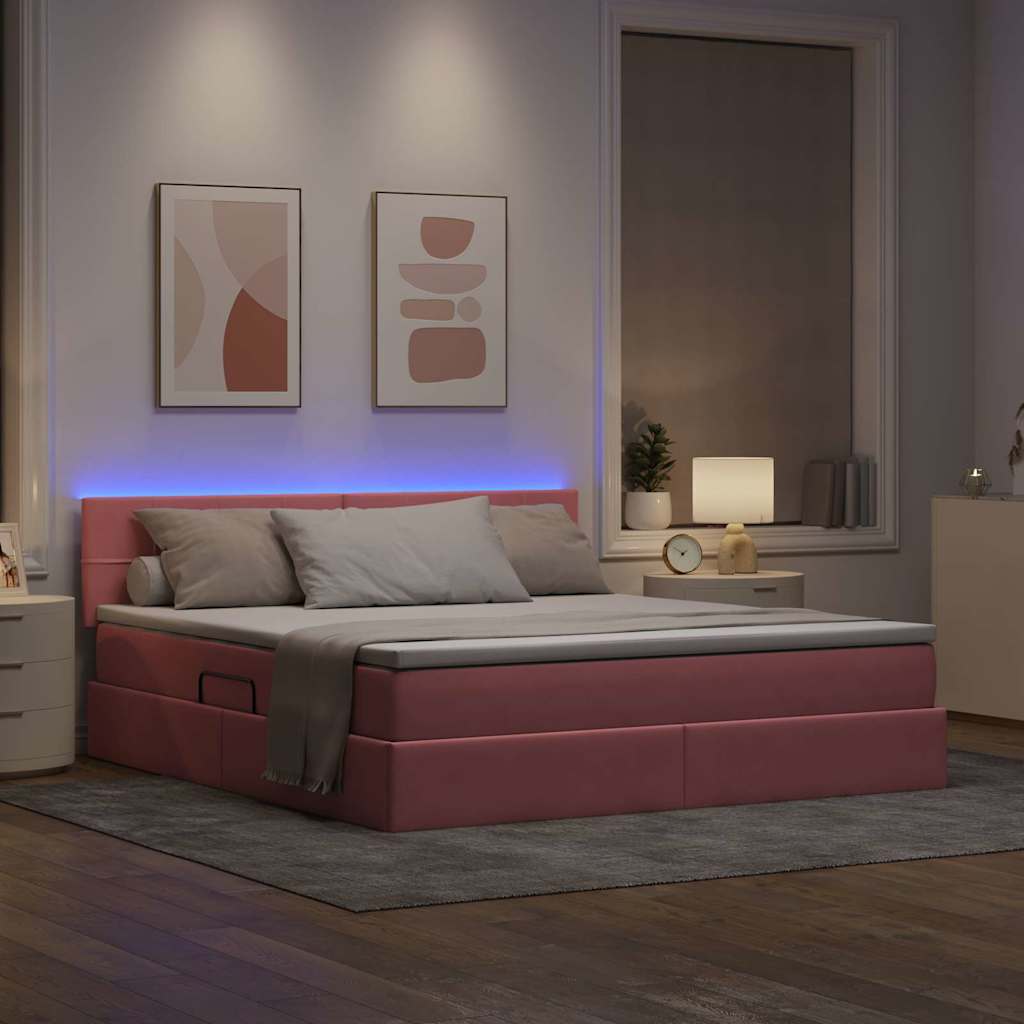 Letto con contenitore e LED con led Rosa 160 x 200 cm Velluto