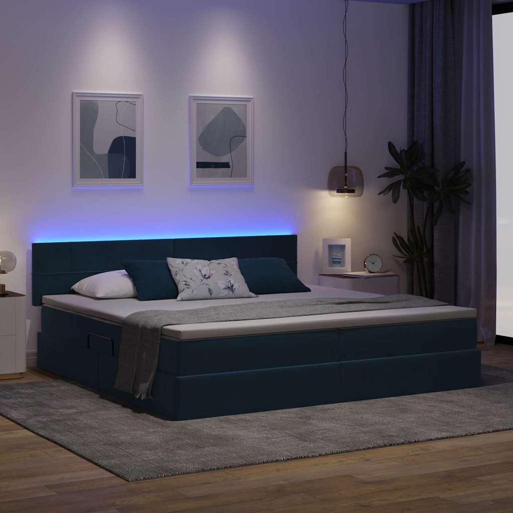 Letto con contenitore e LED Blu Scuro 200 x 200 cm Velluto