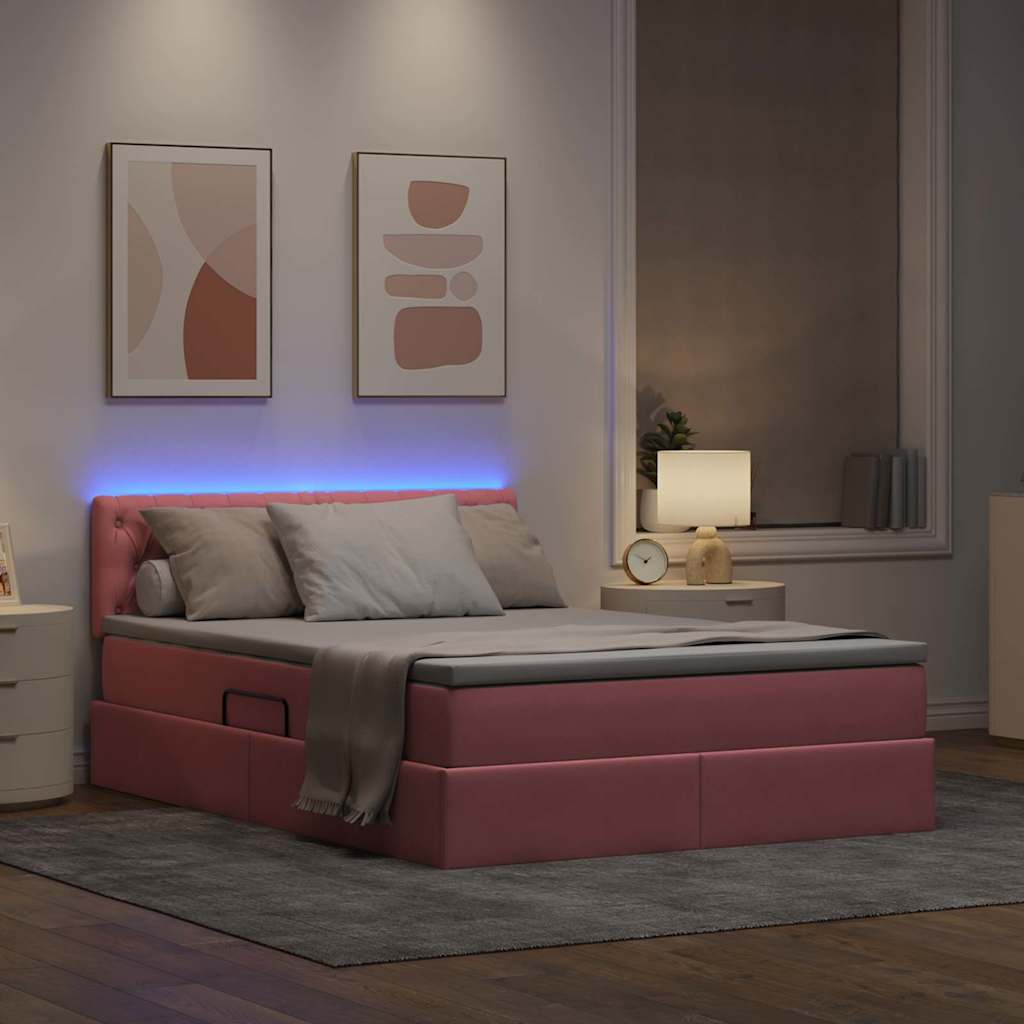 Letto con contenitore e LED con led Rosa 140 x 200 cm Velluto