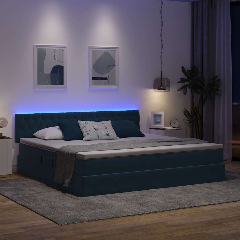 Letto con contenitore e LED Blu Scuro 200 x 200 cm Velluto