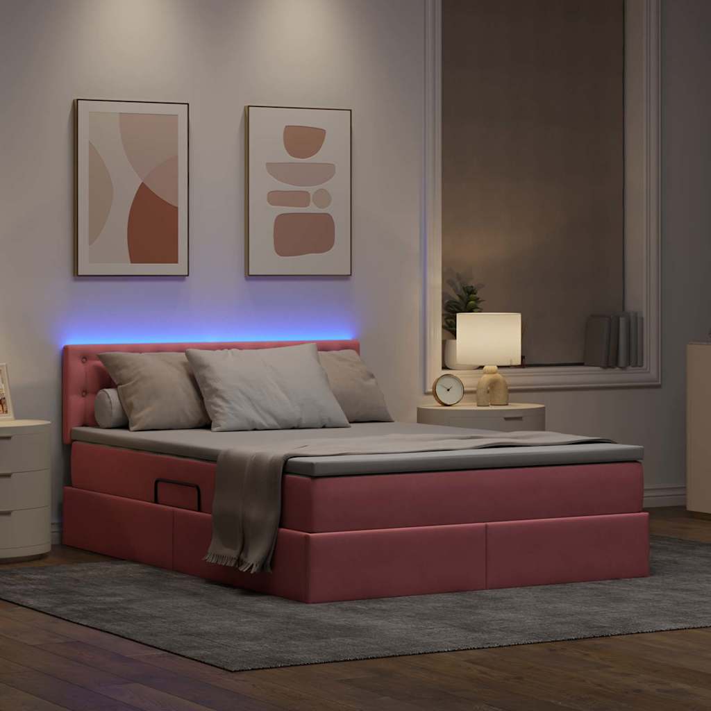 Letto con contenitore e LED con led Rosa 140 x 200 cm Velluto