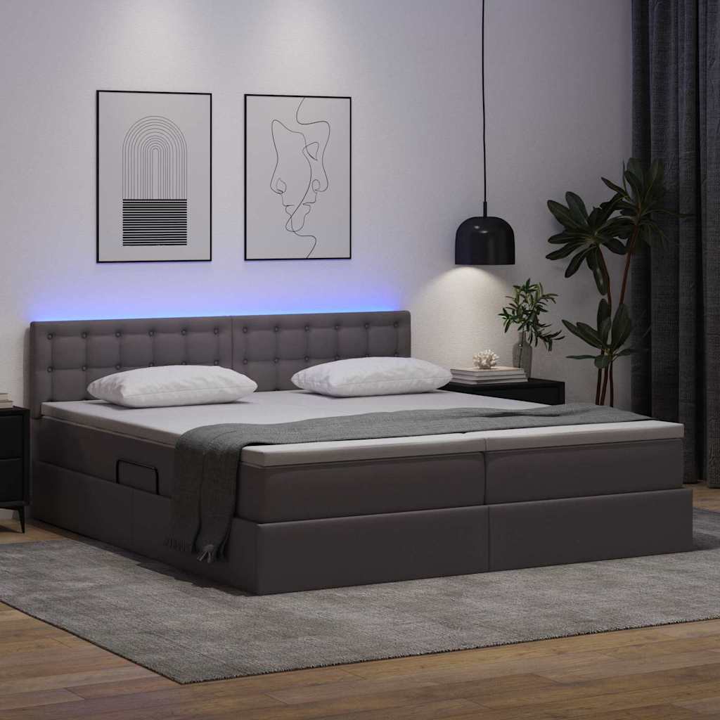 Letto con contenitore e LED Grigio 200 x 200 cm Pelle Sintetica