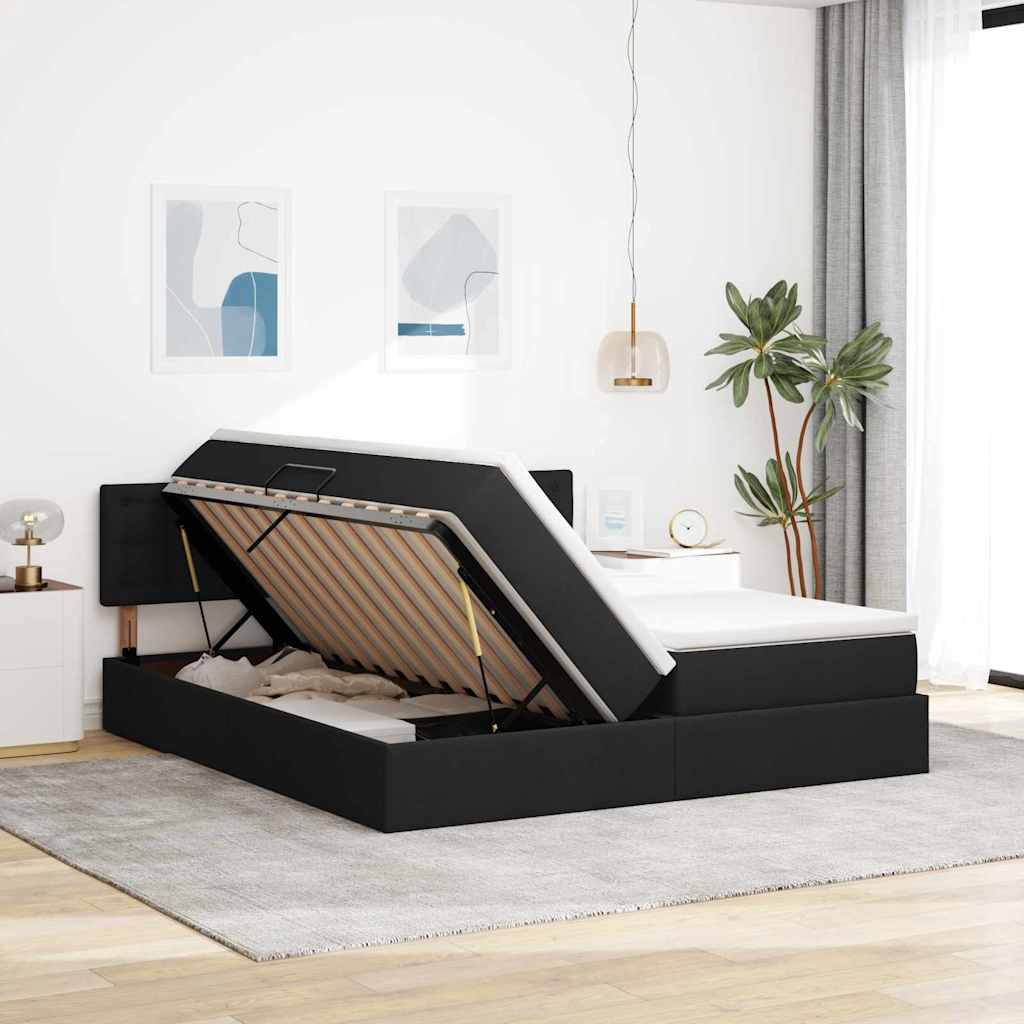 Letto con luci a strisce a LED Nero 200 x 200 cm Tessuto
