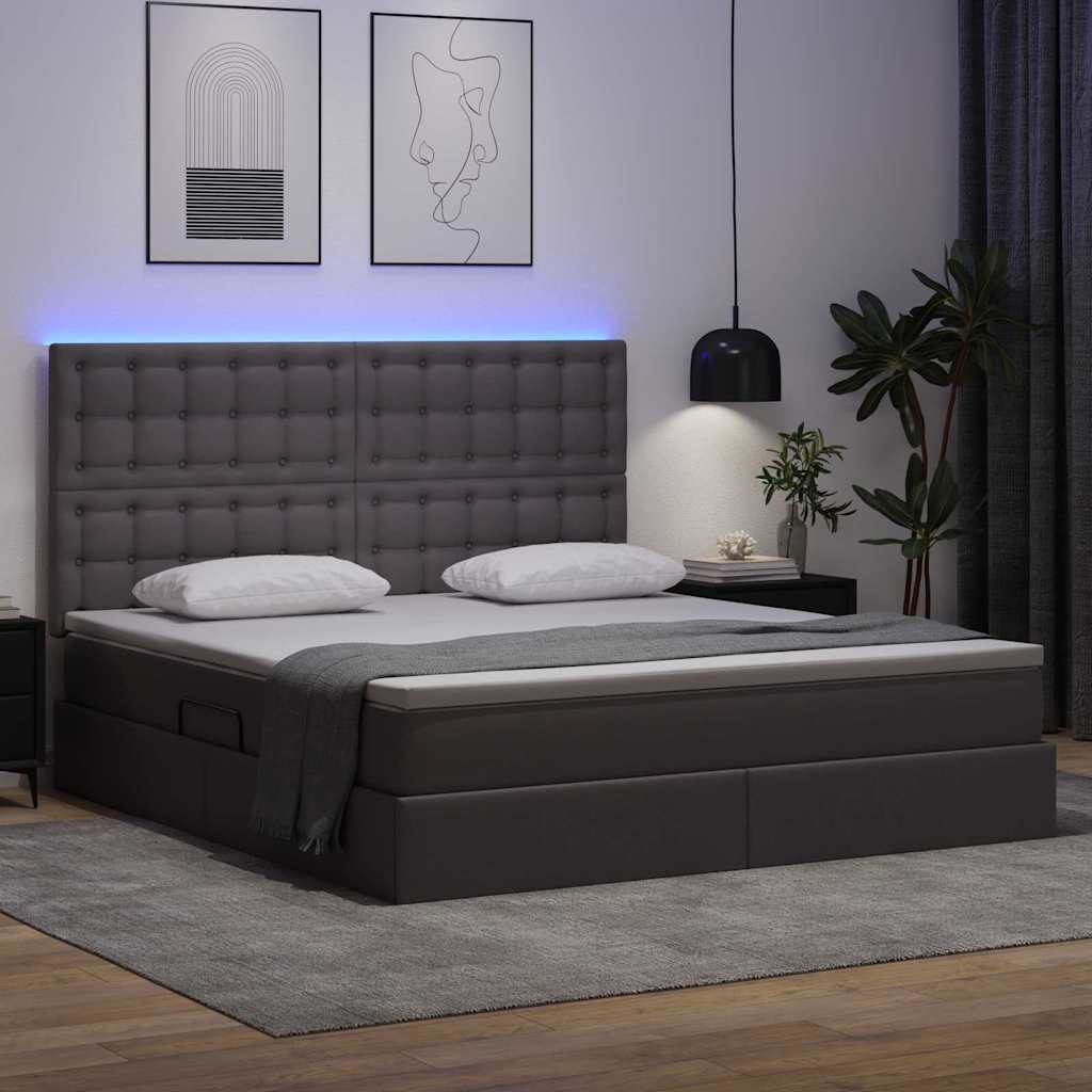 Letto con contenitore e LED Grigio 160 x 200 cm Pelle Sintetica