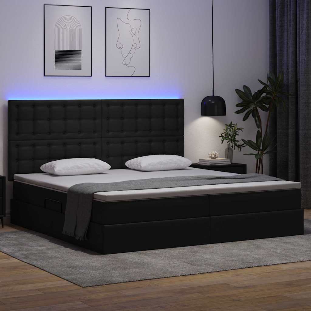 Letto con contenitore e LED Nero 200 x 200 cm Pelle Sintetica