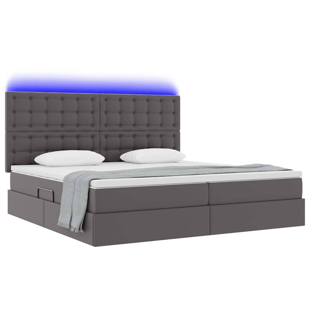 Letto con contenitore e LED Grigio 200 x 200 cm Pelle Sintetica