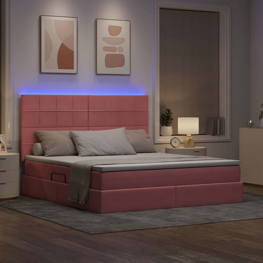 Letto con contenitore e LED con led Rosa 160 x 200 cm Velluto