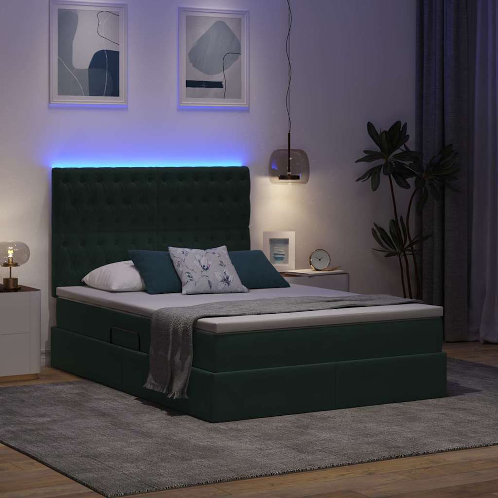 Letto con contenitore e LED Verde Scuro 140 x 190 cm Velluto