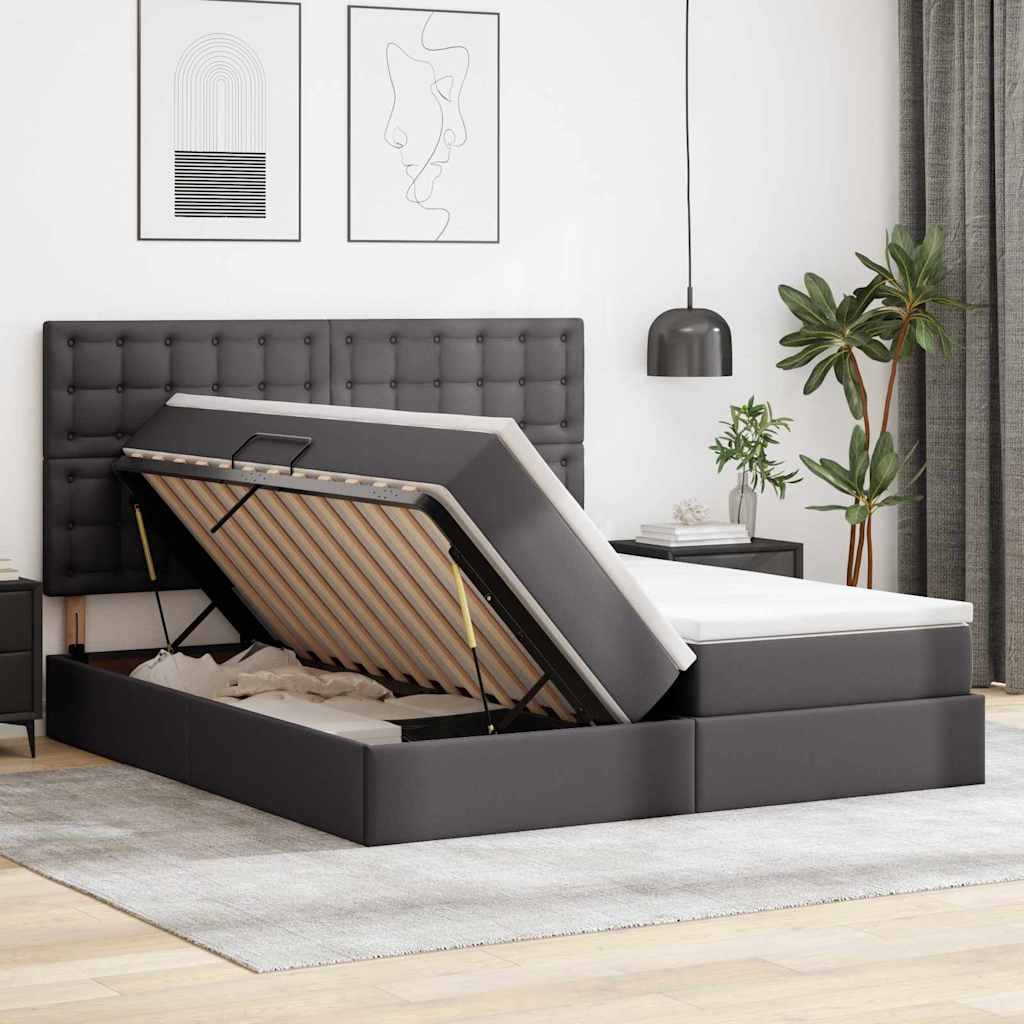 Letto con contenitore e LED Grigio 200 x 200 cm Pelle Sintetica