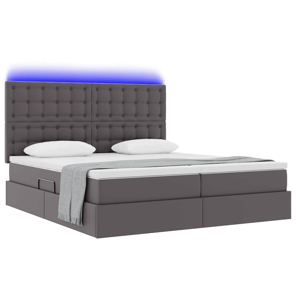 Letto con contenitore e LED Grigio 200 x 200 cm Pelle Sintetica