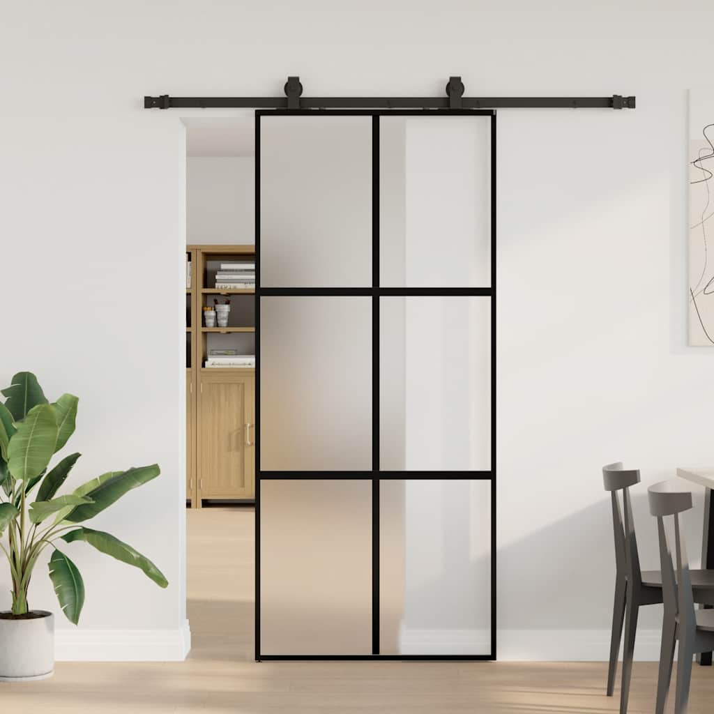 Porta Scorrevole Set Ferramenta Nera 90x205 cm Vetro Temperato