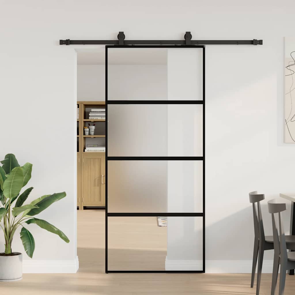 Porta Scorrevole Set Ferramenta Nera 90x205 cm Vetro Temperato
