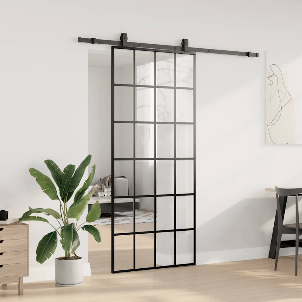 Porta Scorrevole con Ferramenta Nera 90x205 cm in Vetro ESG