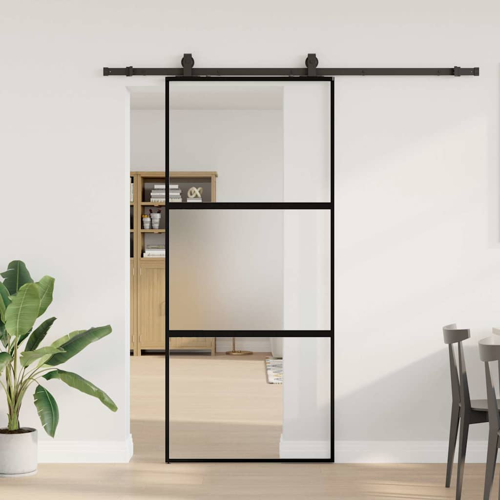Porta Scorrevole Set Ferramenta Nera 90x205 cm Vetro Temperato