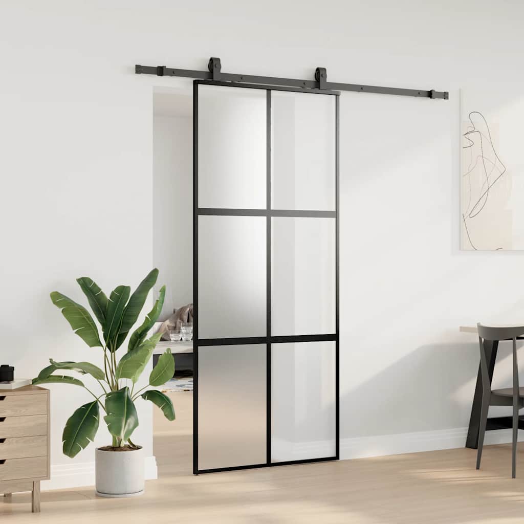 Porta Scorrevole Set Ferramenta Nera 90x205 cm Vetro Temperato